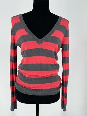 Forever 21 Coral and Gray Striped V-Neck Sweater